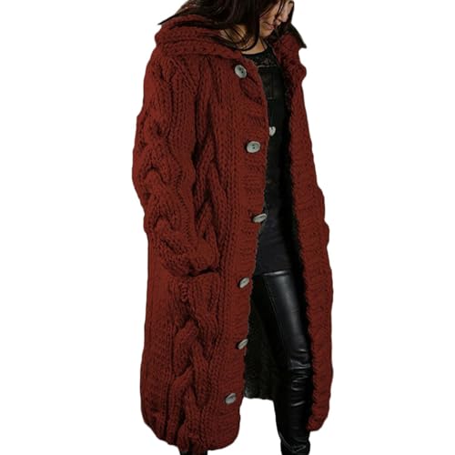 Yokbeer Damen Warm Strickjacke Lang Strickmantel Langarm Vorne Offen Cardigan Elegant Übergangsjacke mit Taschen Gestrickt Mantel Herbst Winter Pullover (Color : Red 2, Size : XL) von Yokbeer