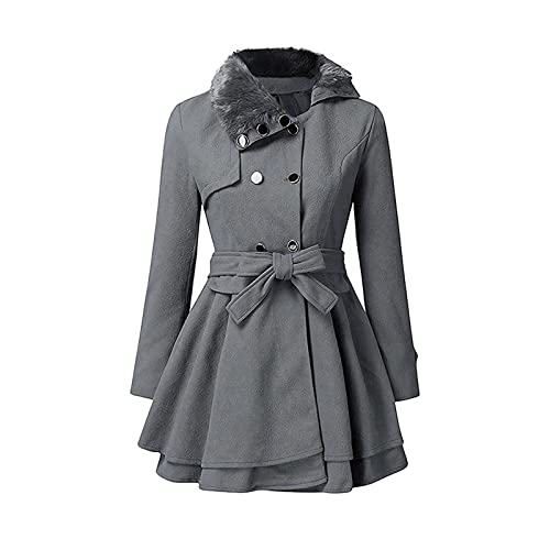 Yokbeer Damen Winter Pea Coat Zweireihiger Mantel Plus Size - Faux Fur Jacket Parka Mid-Long Revers Kleider Outwear (Color : Gray, Size : 4XL) von Yokbeer