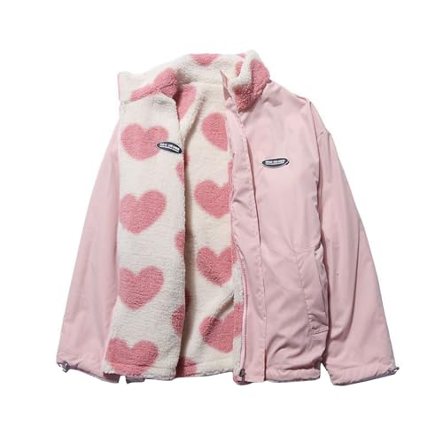 Yokbeer Damen Winterjacke mit Kawaii Herz Aufdruck Parka Warmer Winter Wendejacke Warm Fleece Gefütterter Doppelseitige Winter Mantel mit Fleece Wendbar Plüschjacke (Color : Pink, Size : L) von Yokbeer