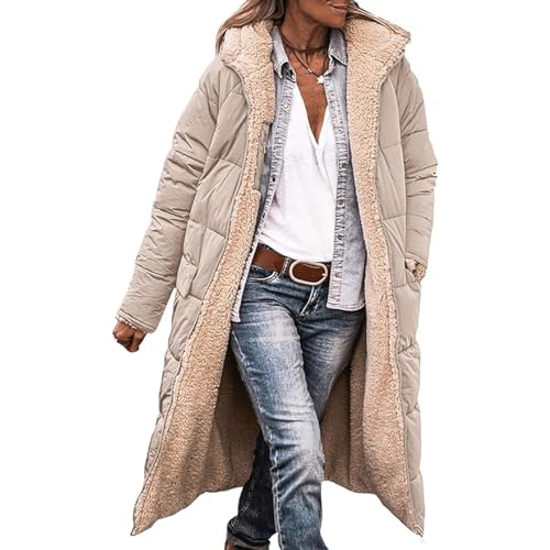 Yokbeer Damen Wintermäntel Winterjacke Lange Daunenjacke mit Kapuze Steppmantel Dicke Daunenjacke Reißverschluss Wende Sherpa Fleece Hoodie mit Taschenmantel (Color : Khaki, Size : L) von Yokbeer