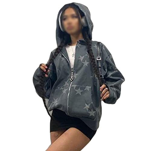 Yokbeer Damen Y2K Jacke Zip Up Hoodies Sterne Motiv Graphics Harajuku für Paare Sweatshirt Vintage Kapuzenjacke Unisex Kordelzug Sweatjacke mit Kapuze 90er E-Girl Top (Color : Gray, Size : M) von Yokbeer