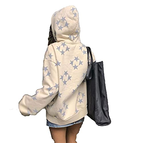 Yokbeer Damen Y2K Jacke Zip Up Hoodies Sterne Motiv Graphics Harajuku für Paare Sweatshirt Vintage Kapuzenjacke Unisex Kordelzug Sweatjacke mit Kapuze 90er E-Girl Top (Color : White, Size : S) von Yokbeer