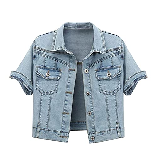 Yokbeer Damen Y2K Sommer Kurzarm Blau Distressed Jeansjacke Mode Kurz Cropped Sonnencreme Schal (Color : Blue, Size : XXL) von Yokbeer