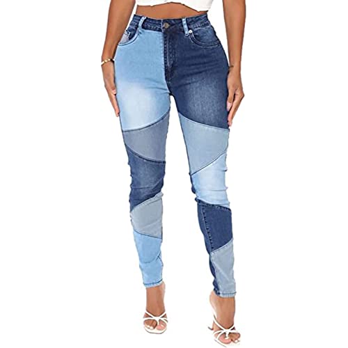 Yokbeer Dehnbare Patchwork-Jeans für Damen, Trendige, Elastische Taille, Zweifarbige Jeans, 90er-Jahre-Streetwear-Denim-Hose (Color : Blue, Size : XXL) von Yokbeer