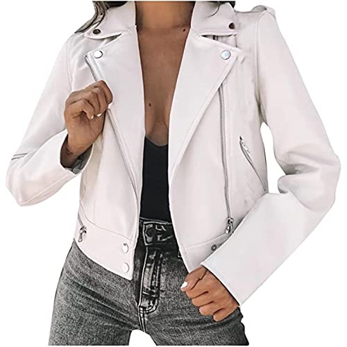 Yokbeer Frauen Casual Einfarbig Mantel Jacke Langarm Leder Sexy Dünne Jacke Mantel Formale Lederjacke Anzug Mantel Wolle Damen Beiläufig Weiche Kurz Mantel Bomberjacke (Color : White, Size : S) von Yokbeer