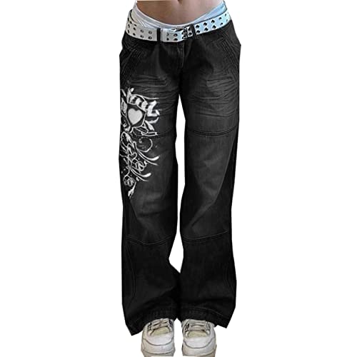 Yokbeer Frauen Jeans Harajuku Streetwear Hip Hop Weites Bein Baggy Denim Hosen Grunge Graffiti Print Hohe Taille Freizeithose Y2K (Color : Black, Size : L) von Yokbeer