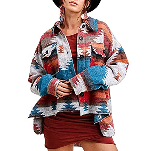 Yokbeer Gewaschene Damen-Jeansjacke mit Langen Ärmeln, Aztekisch, Locker, Vintage-Boho-Button-Down, Breite Boyfriend-Jeansjacke (Color : B-Orange, Size : S) von Yokbeer