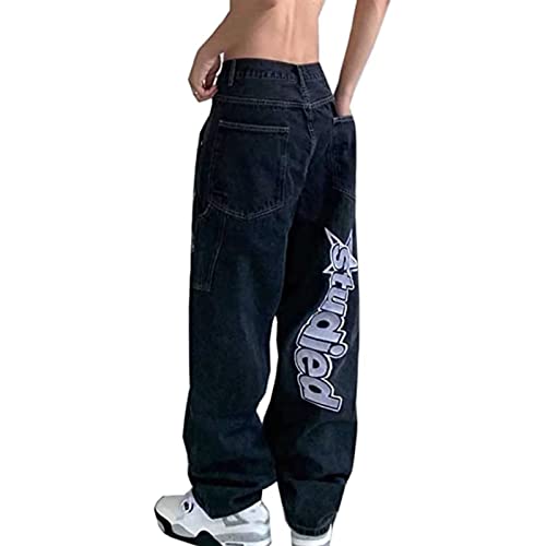 Yokbeer Herren Baggy Jeans Y2K Streetwear Jeanshosen Vintage Jungen Jeans Hip Hop Loose Casual Style Breite Hosen Fashion Print Loose Fit Wide Leg (Color : Schwarz, Size : L) von Yokbeer