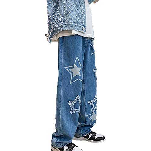 Yokbeer Herren Hip Hop Jeanshose Baggy Jeans Y2k Straight Jeans Teenager Jungen Skateboard Hose Streetwear Bedruckt Jeanshose Straight Leg (Color : Blue, Size : 3XL) von Yokbeer