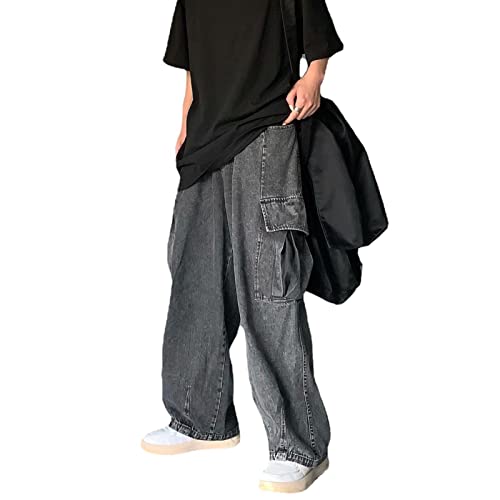 Yokbeer Herren Jeans Baggy Jeans Hip Hop Jeanshose Straight Leg Casual Vintage Denim Hosen Y2K Jeans Teenager Hose Jeans Streetwear Cargohosen (Color : Gray, Size : L) von Yokbeer