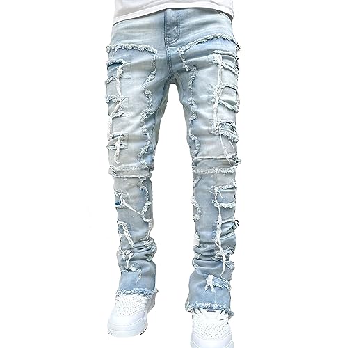 Yokbeer Herren Regular Fit Stacked Jeans Stretch Skinny Slim Fit Destroyed Ripped Jeans Distressed Straight Denim Hosen (Color : Light Blue, Size : L) von Yokbeer