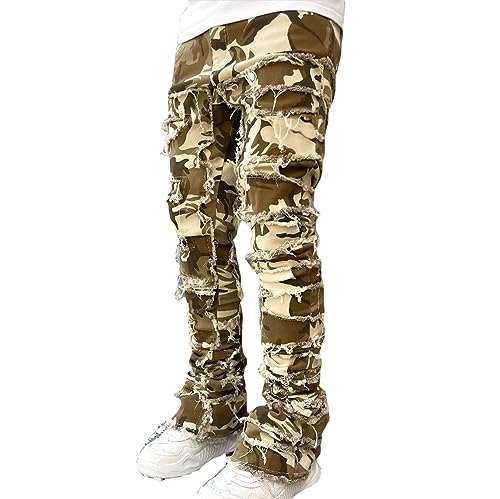 Yokbeer Herren Stapeljeans Schmale Passform Zerrissene Distressed Jeans Zerstörte Gerade Denim Hosen Y2K Jeans Streetwear (Color : Camouflage, Size : S) von Yokbeer