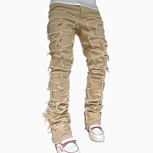 Yokbeer Herren Stapeljeans Schmale Passform Zerrissene Distressed Jeans Zerstörte Gerade Denim Hosen Y2K Jeans Streetwear (Color : Khaki, Size : S) von Yokbeer