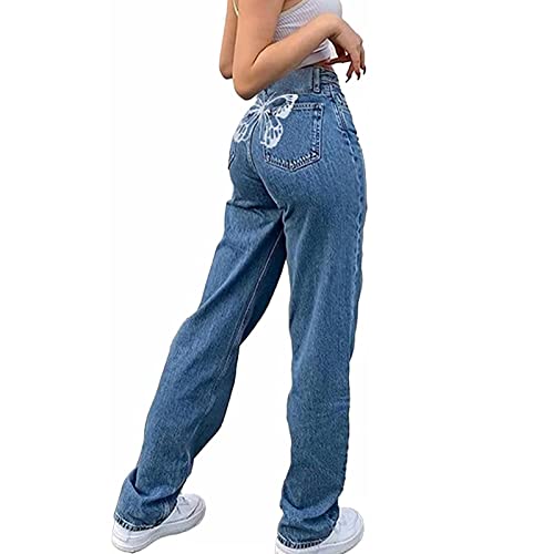 Yokbeer High Waist Boyfriend Jeans Damen, 90er Y2K Butterfly Muster Weite Straight Bein Blaue Hosen Jeans (Color : Blue, Size : M) von Yokbeer