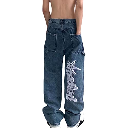 Yokbeer Hip Hop Jeanshose, Hosen Streetwear Herren Vintage Bedruckt Stern Baggy Denim Jeans, Ästhetische Baggy Hosen Passen zu Jeanshosen, Skateboard Hosen (Color : Blue, Size : M) von Yokbeer