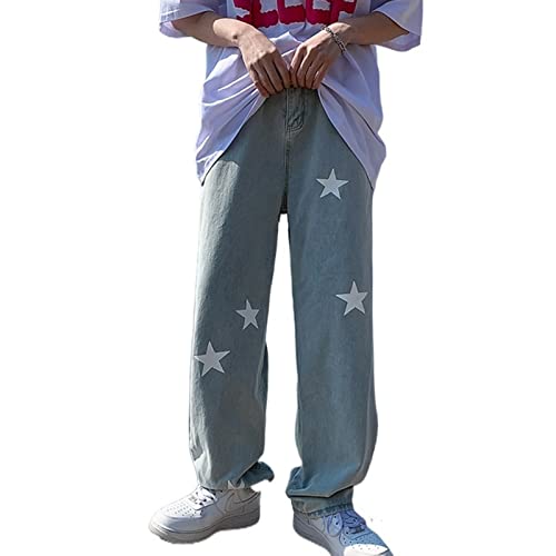 Yokbeer Jeanshosen Herren Hose mit Weitem Breite Hosen Herren Jeans Casual Fit Jeanshose Denim Hosen Baggy Hip Hop Jeans Vintage Y2K Straight Leg Streetwear (Color : Blue, Size : M) von Yokbeer