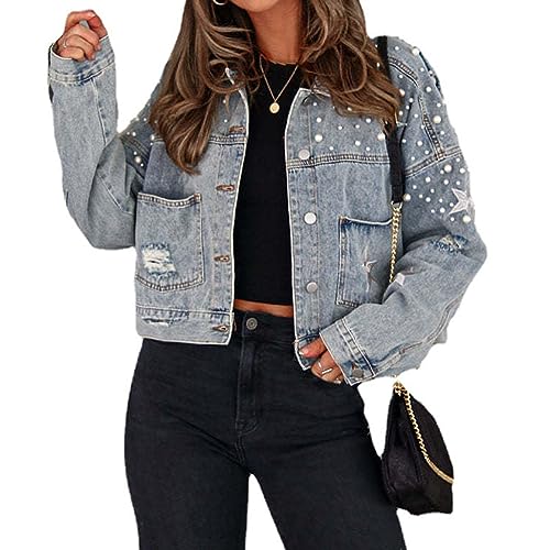 Yokbeer Jeansjacke mit Perlen für Damen Langärmlig Verzierte Jeansjacke mit Sternen Bestickte Sterne Geprägte Perlen Jeansjacke Aesthetic Vintage Streetwear (Color : Blue2, Size : L) von Yokbeer