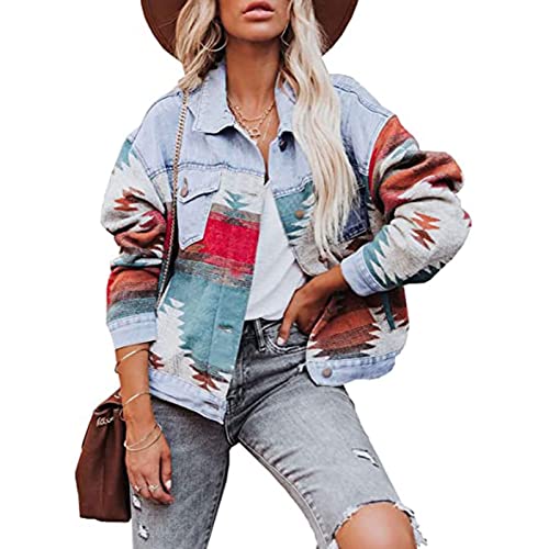 Yokbeer Kurz Geschnittene Jeansjacke mit Aztekenmuster für Damen, Lange Ärmel, Klassische Stretch-Jeansjacken, Boyfriend-Jeansjacken mit Taschen (Color : B-Light Blue, Size : M) von Yokbeer