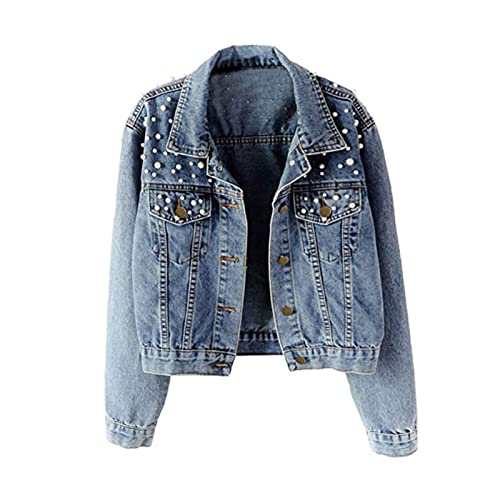 Yokbeer Lässige Bestickte mit Perlen Verzierte Jeansjacke für Damen Einfarbig Slim Fit Denim Verkürzte Jeanskleidung Baumwolle Knopfleiste Kurzer Jeansmantel (Color : Blue, Size : 4XL) von Yokbeer