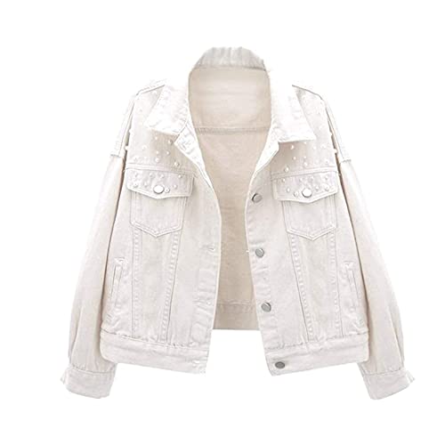 Yokbeer Lässige Bestickte mit Perlen Verzierte Jeansjacke für Damen Einfarbig Slim Fit Denim Verkürzte Jeanskleidung Baumwolle Knopfleiste Kurzer Jeansmantel (Color : White, Size : 3XL) von Yokbeer