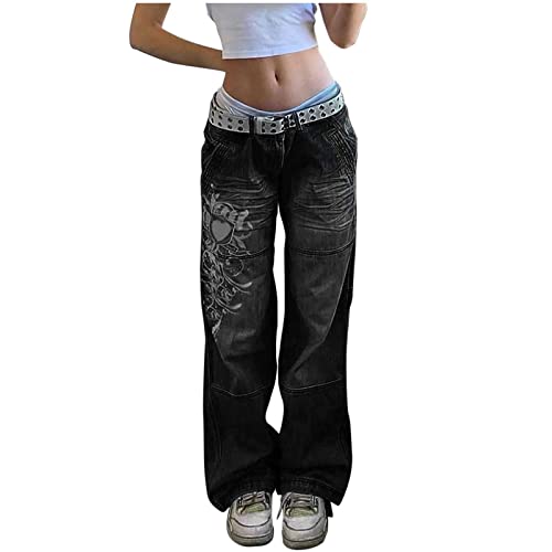 Yokbeer Lässige Denim Hosen für Damen Y2k, Hoch Taillierte, Gerade, Weit Geschnittene Jeans mit Schmetterlingsdruck, Lockere Baggy Hose, Vintage Streetwear (Color : Schwarz, Size : M) von Yokbeer