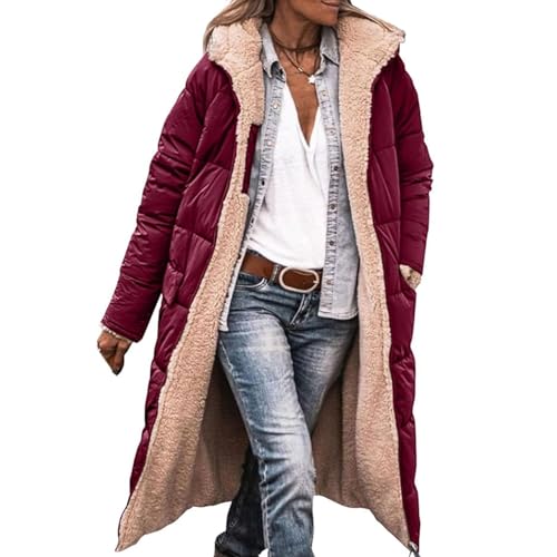 Yokbeer Langer Puffermantel für Damen mit Kapuze, Wendbare Jacken, Langärmelige Fuzzy Fleecejacke, Winter Warmer Daunenmantel Oberbekleidung (Color : Burgundy, Size : M) von Yokbeer