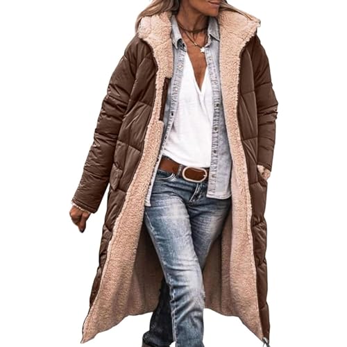 Yokbeer Reversible Sherpa Fleece Pufferjacken für Damen, Warme Wintermäntel mit Reißverschluss, Lange Oberbekleidung mit Kapuze Modischer Mantel (Color : Coffee color, Size : 3XL) von Yokbeer