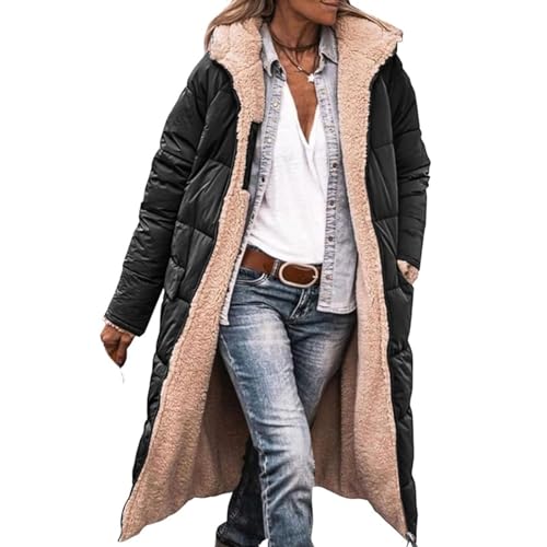 Yokbeer Reversible Sherpa Fleece Pufferjacken für Damen, Warme Wintermäntel mit Reißverschluss, Lange Oberbekleidung mit Kapuze Modischer Mantel (Color : Schwarz, Size : M) von Yokbeer