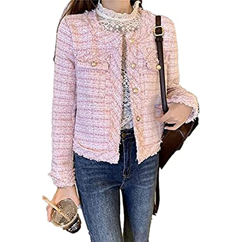 Yokbeer Schottenkaro Blazer Für Damen Elegante Rosa Tweed Blazer Jacke Kurze Jacke Achselzucken Slim Fit Cardigan Übergangsjacke Für Damen Arbeits Freizeit Blazer (Color : Pink, Size : L) von Yokbeer