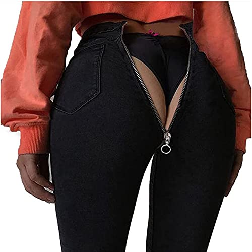 Yokbeer Sexy Rückenreißverschluss-Jeans für Damen, Hoch Taillierte Jeans mit Rückenreißverschluss, Gewaschene Baumwoll-Stretch-Leggingshose, Röhrenhose (Color : Black, Size : S) von Yokbeer