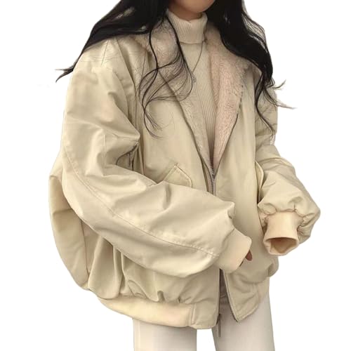 Yokbeer Sherpa Jacke für Damen, Teenager Mädchen Wendbar Y2K Kapuzenpullover mit Reißverschluss Fleece Pelz Grunge Wintermantel Cutecore Koreanische Kleidung (Color : Beige, Size : L) von Yokbeer