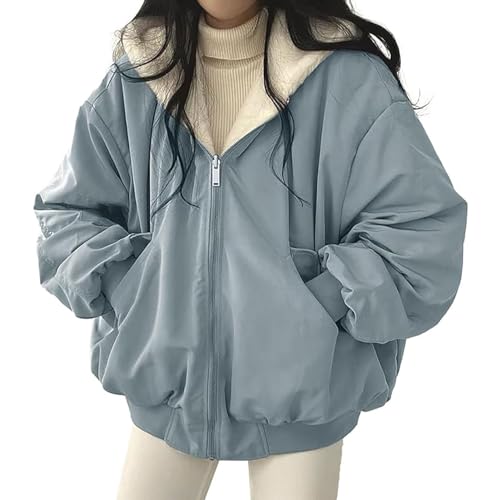 Yokbeer Sherpa Jacke für Damen, Teenager Mädchen Wendbar Y2K Kapuzenpullover mit Reißverschluss Fleece Pelz Grunge Wintermantel Cutecore Koreanische Kleidung (Color : Blue, Size : M) von Yokbeer