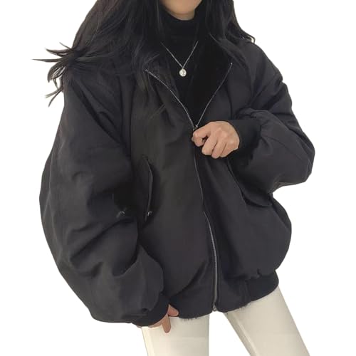 Yokbeer Sherpa Jacke für Damen, Teenager Mädchen Wendbar Y2K Kapuzenpullover mit Reißverschluss Fleece Pelz Grunge Wintermantel Cutecore Koreanische Kleidung (Color : Schwarz, Size : L) von Yokbeer