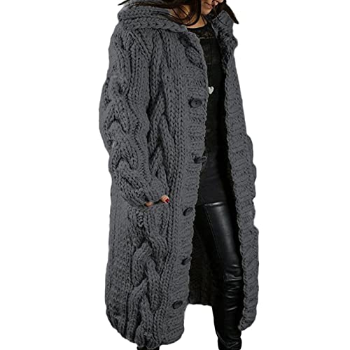 Yokbeer Strickjacke Damen Grobstrick Cardigan Lang Damen Cardigan Langarm Grobstrickjacke Strickmantel mit Knopf Wintermäntel Longstrickjacke Outwear Elegant ÜBergangsjacke (Color : Dark Gray, Size von Yokbeer