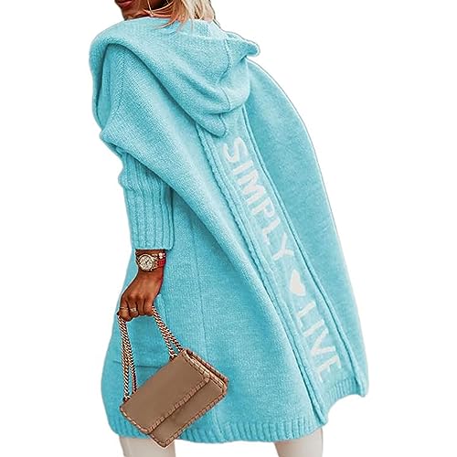 Yokbeer Strickjacke Damen Lang Cardigan Dünne Strickjacken Einfarbige Leicht Strickjacke Letter Bedrucktes Cardigan Strickpullover Frühling Herbst Casual Elegant Strickmäntel mit Tasche (Color : Blue von Yokbeer