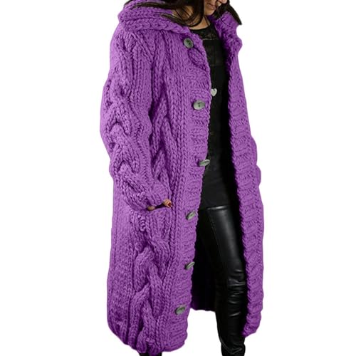 Yokbeer Strickjacke Damen Lang Strickmantel mit Knöpfen Strickcardigan Casual Open Front Sweater Cardigan Zopfmuster Grobstrickjacke Oversize Longstrickjacke (Color : Purple 1, Size : XL) von Yokbeer