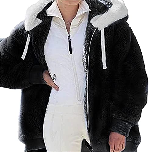 Yokbeer Strickjacken Damen Teddy Fleecejacke Plüschjacke Kunstpelz Jacke Kapuzenjacke Strickjacke Faux fur Pelzmantel Reißverschluss Fleece Mantel mit Kapuze Winterjacke (Color : Black, Size : 3XL) von Yokbeer