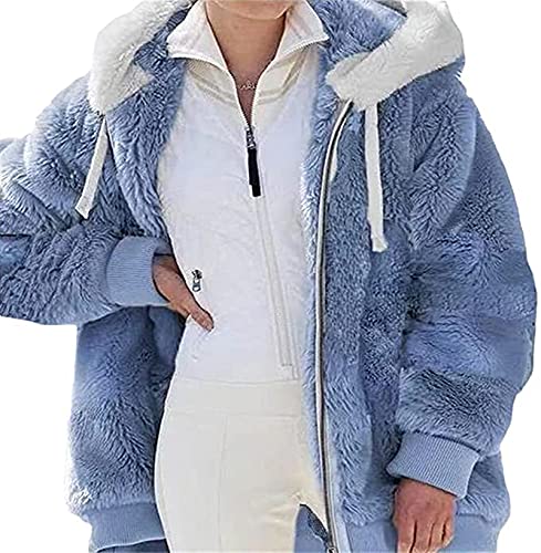 Yokbeer Strickjacken Damen Teddy Fleecejacke Plüschjacke Kunstpelz Jacke Kapuzenjacke Strickjacke Faux fur Pelzmantel Reißverschluss Fleece Mantel mit Kapuze Winterjacke (Color : Blue, Size : M) von Yokbeer