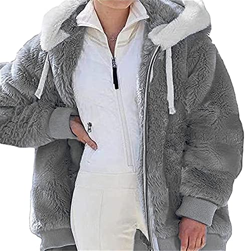 Yokbeer Strickjacken Damen Teddy Fleecejacke Plüschjacke Kunstpelz Jacke Kapuzenjacke Strickjacke Faux fur Pelzmantel Reißverschluss Fleece Mantel mit Kapuze Winterjacke (Color : Gray, Size : 3XL) von Yokbeer