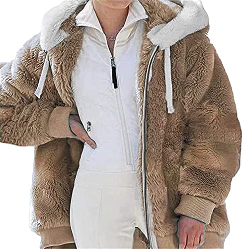 Yokbeer Strickjacken Damen Teddy Fleecejacke Plüschjacke Kunstpelz Jacke Kapuzenjacke Strickjacke Faux fur Pelzmantel Reißverschluss Fleece Mantel mit Kapuze Winterjacke (Color : Khaki, Size : S) von Yokbeer