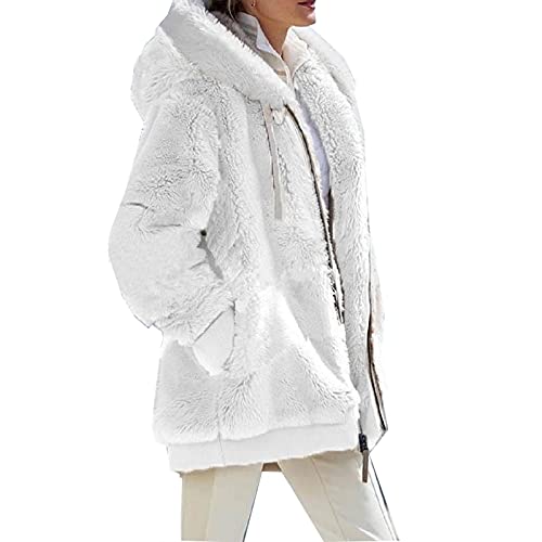 Yokbeer Strickjacken Damen Teddy Fleecejacke Plüschjacke Kunstpelz Jacke Kapuzenjacke Strickjacke Faux fur Pelzmantel Reißverschluss Fleece Mantel mit Kapuze Winterjacke (Color : White, Size : 4XL) von Yokbeer