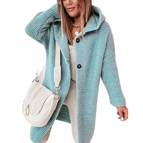 Yokbeer Strickjacken für Damen Kapuzenpullover Elegant Cardigan Langarm Strickcardigan Pullover mit Knöpfen Warm Strickmantel (Color : Blue 1, Size : M) von Yokbeer