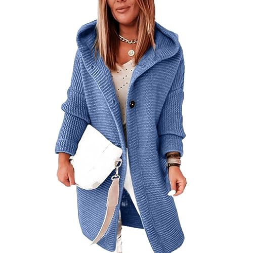 Yokbeer Strickjacken für Damen Kapuzenpullover Elegant Cardigan Langarm Strickcardigan Pullover mit Knöpfen Warm Strickmantel (Color : Blue 2, Size : M) von Yokbeer