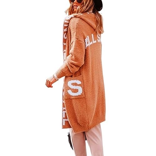 Yokbeer Strickmantel Damen Lang Strickjacke Longstrickjacke mit Kapuze Strickcardigan Grobstrickjacke Elegant Cardigan Zopfmuster Strickjacken Strickpullover Jacke (Color : Orange, Size : S) von Yokbeer