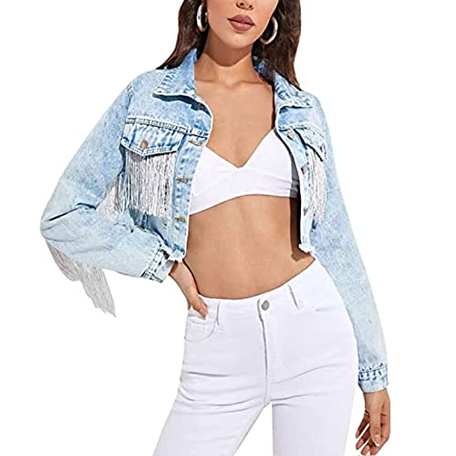 Yokbeer Weiße Fransen-Jeansjacke für Damen Cropped Y2k Stilvolle Quasten-Fransen-Jeans-Fransenjacke für Damen (Color : Light Blue, Size : XS) von Yokbeer