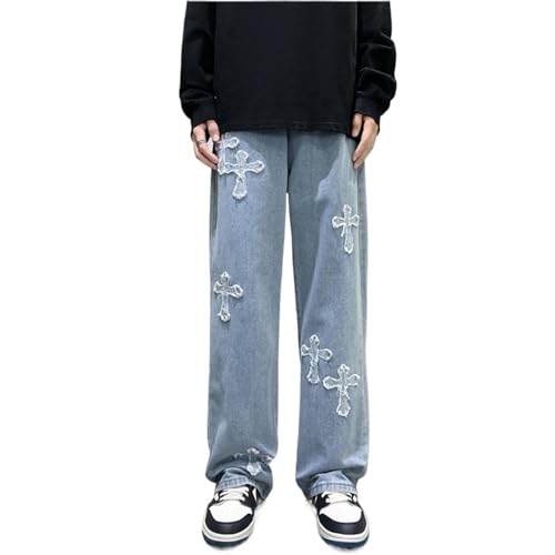 Yokbeer Y2k Jogginghose Herren Baggy Cargo Hose Tracksuit Herren Baggy Jeans Herren Hose Fashion Print Loose Fit Wide Leg Pants Jeans Streetwear Cargohosen (Color : Blue, Size : M) von Yokbeer