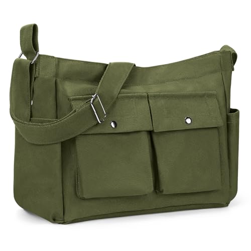 Umhängetasche Handtasche Damen Herren: Große Kapazität Segeltuch Crossbody Tote Bag Arbeitstasche - Wasserdichte Männerhandtasche Schultertaschen - Groß Vintage Tasche Messenger Hobo Bag Armeegrün von Yokilly