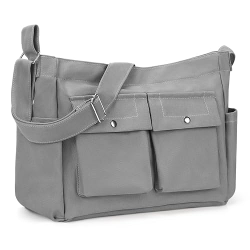 Yokilly Umhängetasche Handtasche Damen Herren: Große Kapazität Segeltuch Crossbody Tote Bag Arbeitstasche - Wasserdichte Männerhandtasche Schultertaschen - Groß Vintage Tasche Messenger Hobo Bag Grau von Yokilly