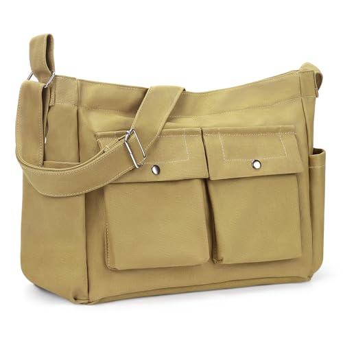 Umhängetasche Handtasche Damen Herren: Große Kapazität Segeltuch Crossbody Tote Bag Arbeitstasche - Wasserdichte Männerhandtasche Schultertaschen - Groß Vintage Tasche Messenger Hobo Bag Khaki von Yokilly