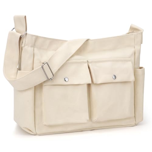 Umhängetasche Handtasche Damen Herren: Große Kapazität Segeltuch Crossbody Tote Bag Arbeitstasche - Wasserdichte Männerhandtasche Schultertaschen - Groß Vintage Tasche Messenger Hobo Bag Beige von Yokilly